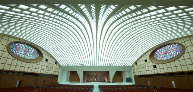 The serpent-like structure of the Paul VI Audience Hall in the Vatican