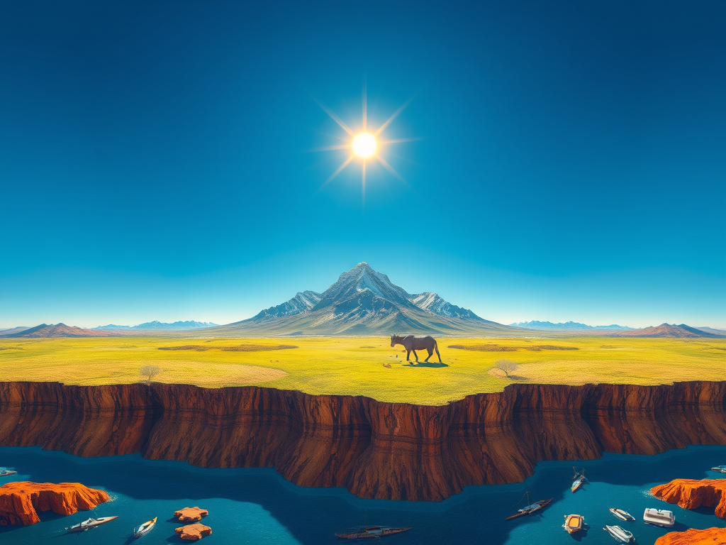 A surreal landscape featuring a cow grazing on a cliff edge, overlooking a vibrant blue body of water and red rock formations, beneath a bright sun and clear sky.