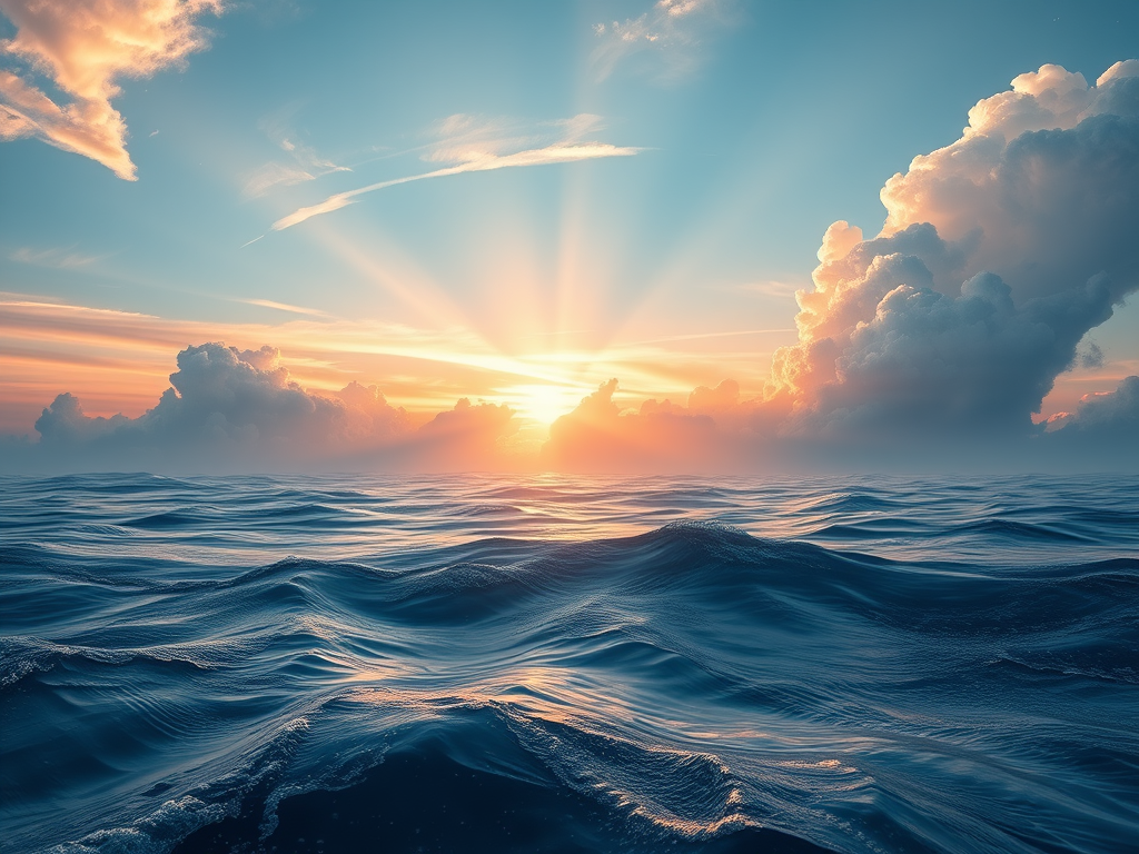 A serene ocean scene at sunrise, with gentle waves reflecting the golden light and colorful clouds in the sky.