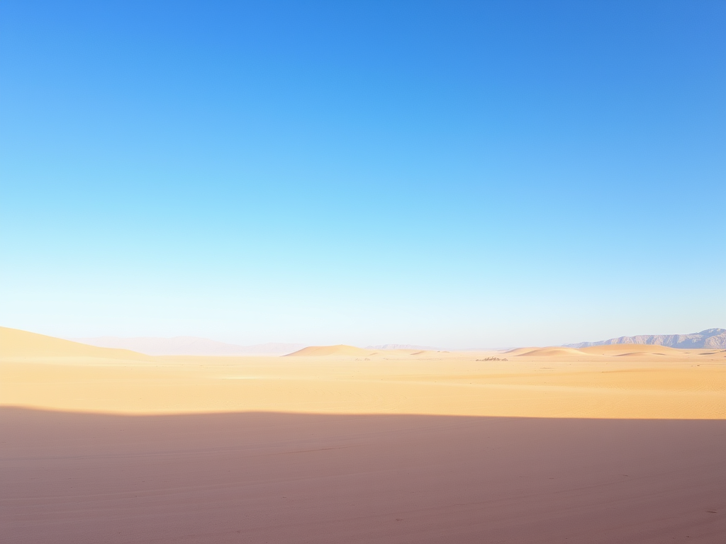 A vast desert landscape with rolling sand dunes under a clear blue sky.