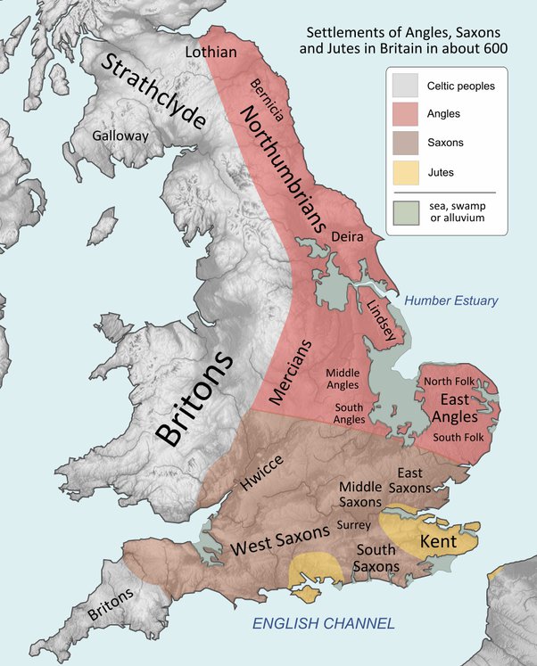 A map depicting the settlement of angles, Saxons, and jutes in Britain.