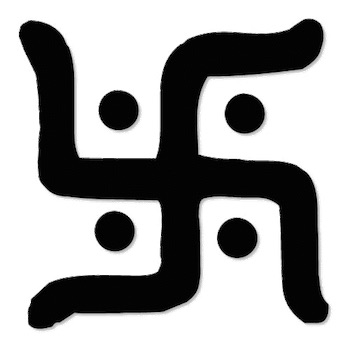Swastika symbol: a cross with arms of equal length bent at right angles, often clockwise or counterclockwise, representing good fortune, prosperity, and spiritual enlightenment in Indian and Buddhist traditions.