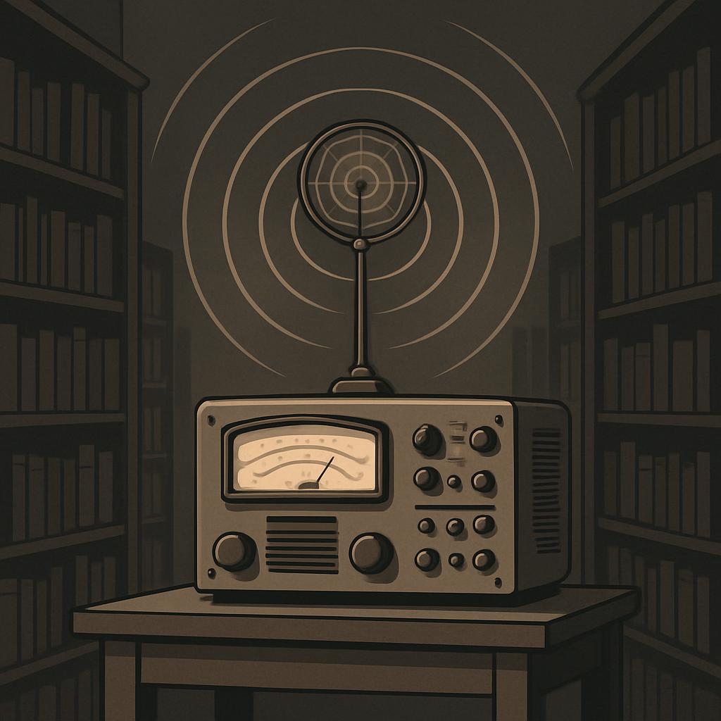 A fictional vacant radio broadcast studio, featuring a large circle target on the wall behind the broadcasting equipment.