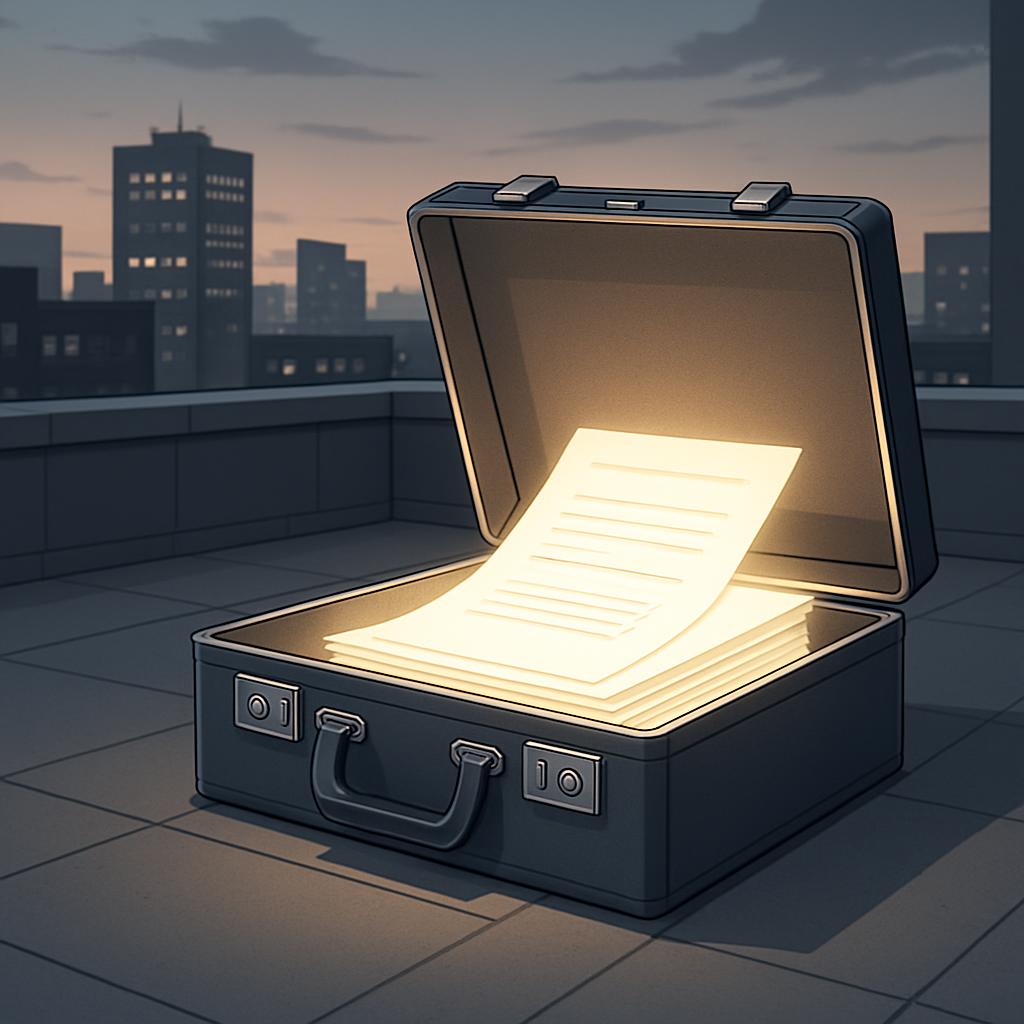 An open briefcase on a rooftop with a glowing manuscript beneath the interior lid illuminated by the setting sun.