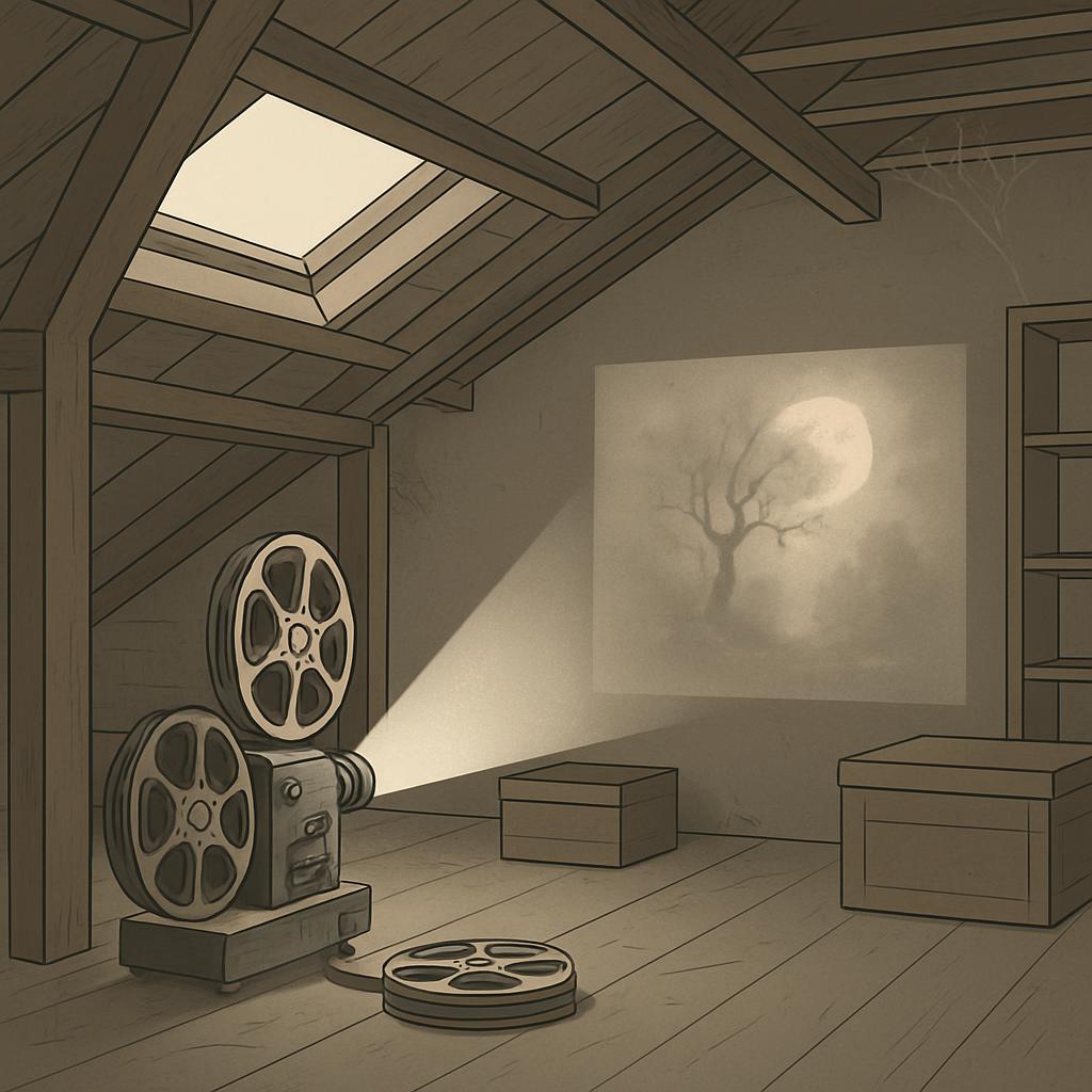A sepia-tone illustration of a dimly lit attic, featuring a vintage film projector and a cinematic scene displayed on the ...