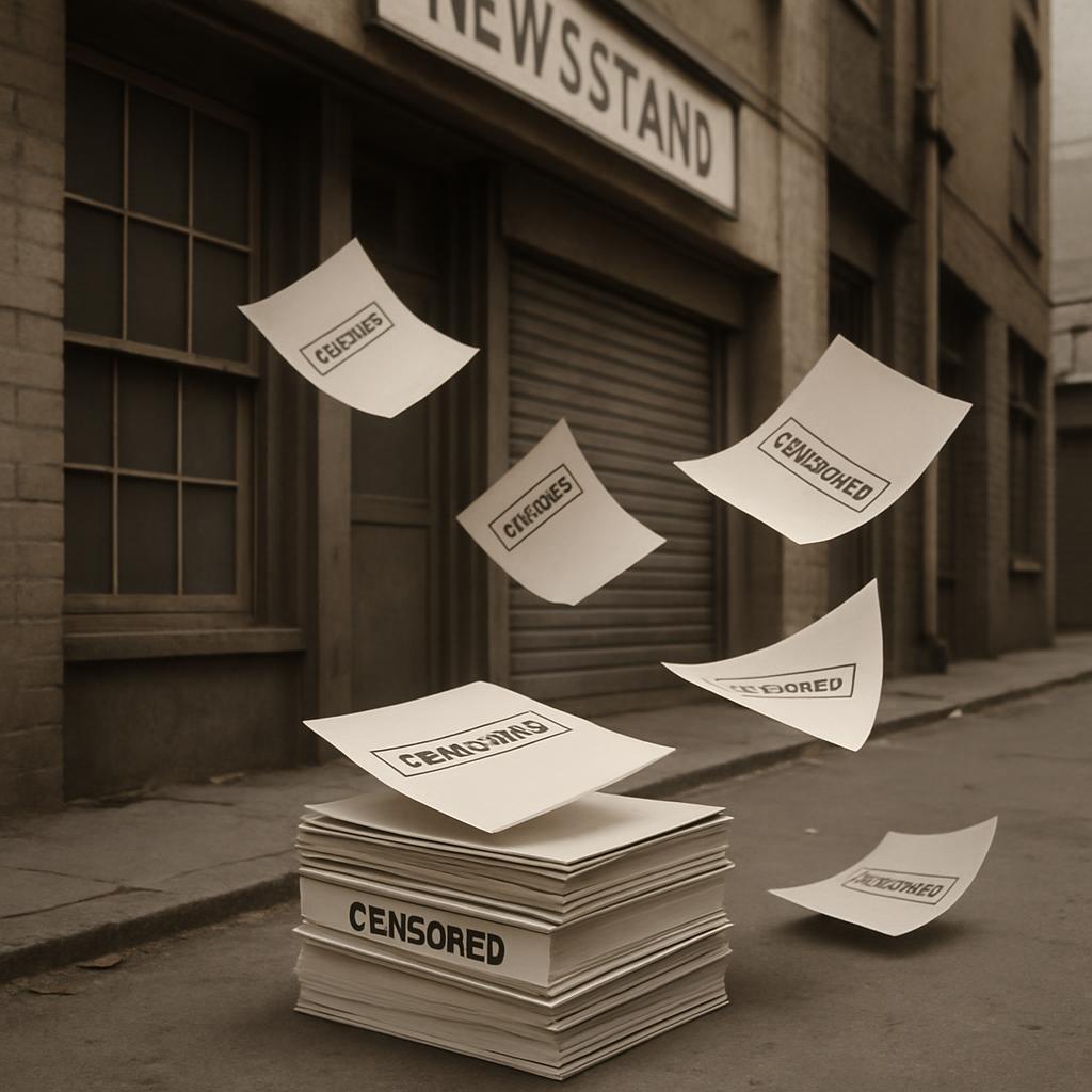 A stack of papers with "CENSORED" stamped on them float in the air outside a newsstand, suggesting that the papers have be...