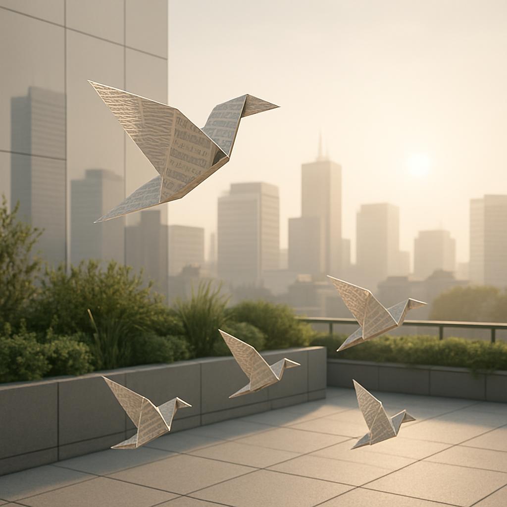 A cityscape with a rooftop garden featuring metal birds in flight, likely crafted from a newspaper.